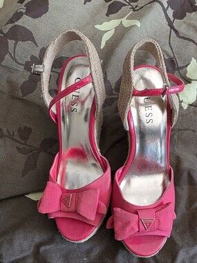 GUESS Hot Pink Bow Espadrille Wedge Sandals